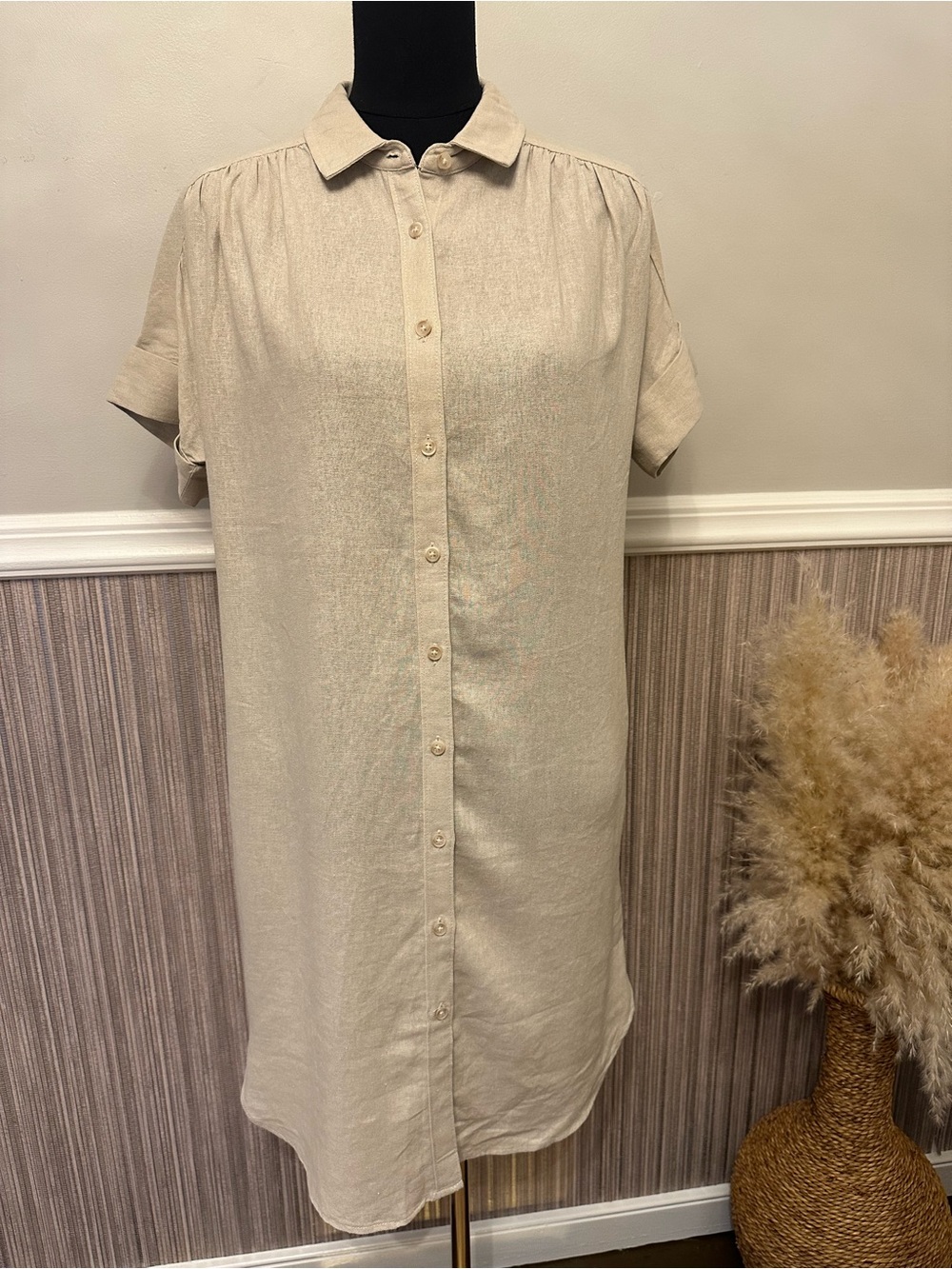 NWT Well Worn Linen Blend Shirt‎ Dress Small Beige Button Front Collared Midi